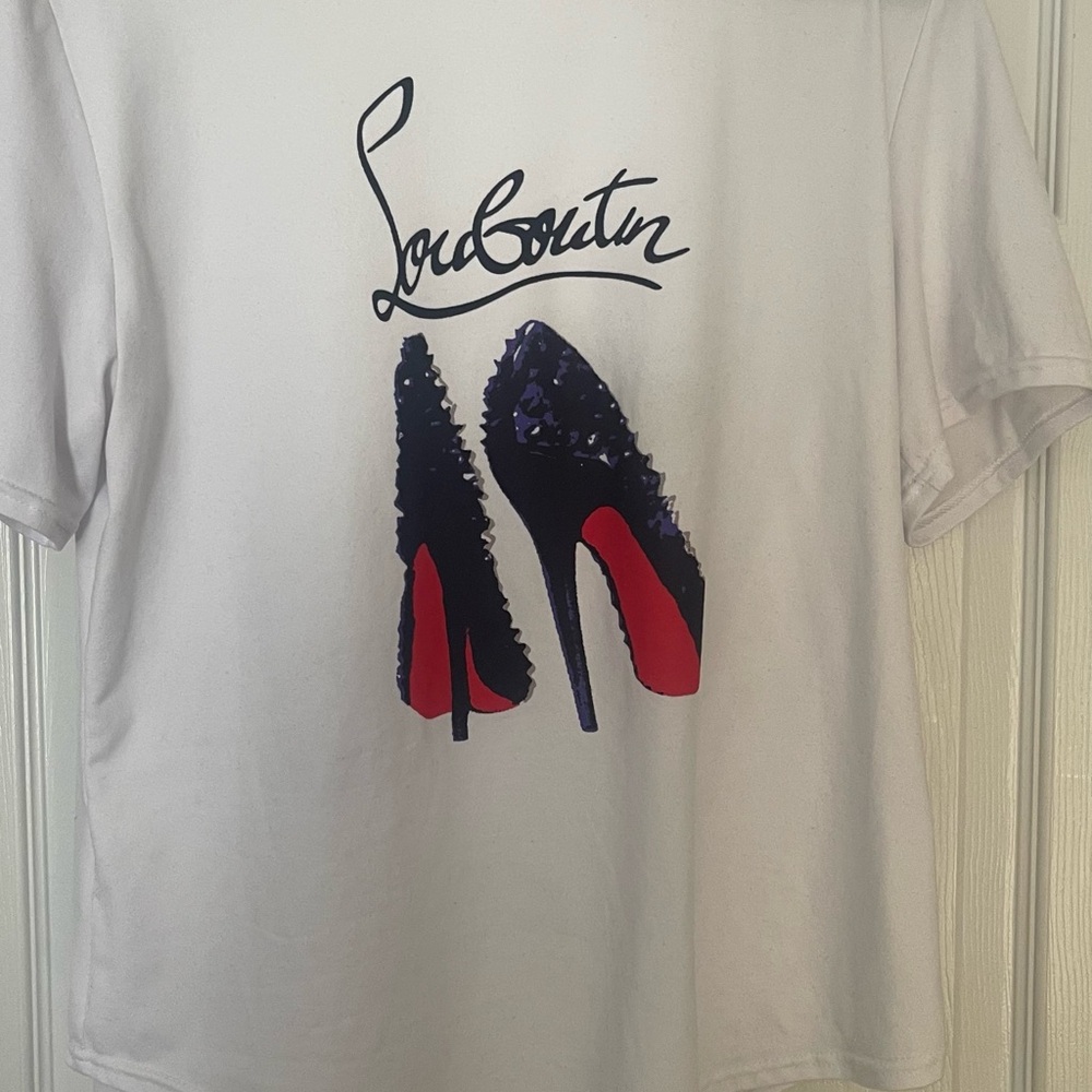 Graphic Image White Tee with Black and Red Heels Design